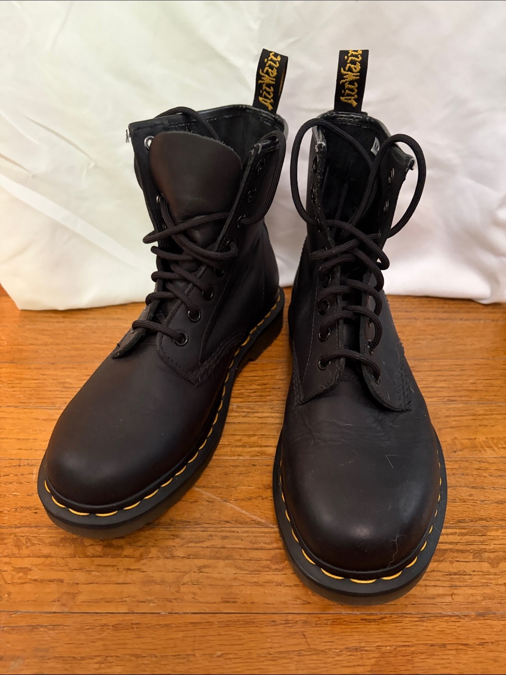 Dr. Martens Black Leather 8-Eye Combat Boots with Yellow Stitching